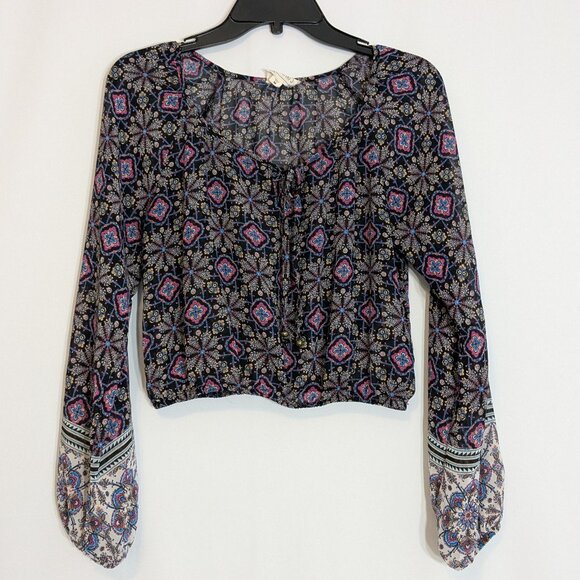 L.A. HEARTS Black/Blue/Pink Sheer Chiffon Long Sleeve Peasant Crop Top; Size M - Picture 1 of 6